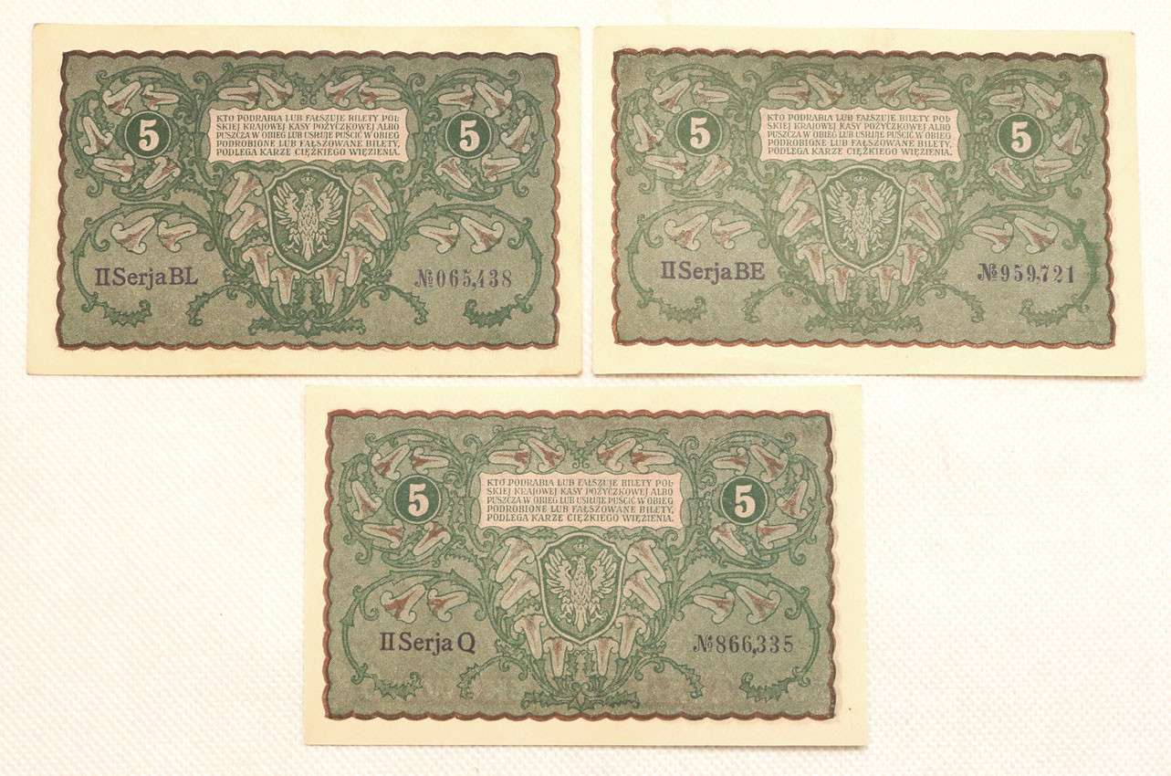 5 marek polskich 1919, zestaw 3 banknotów